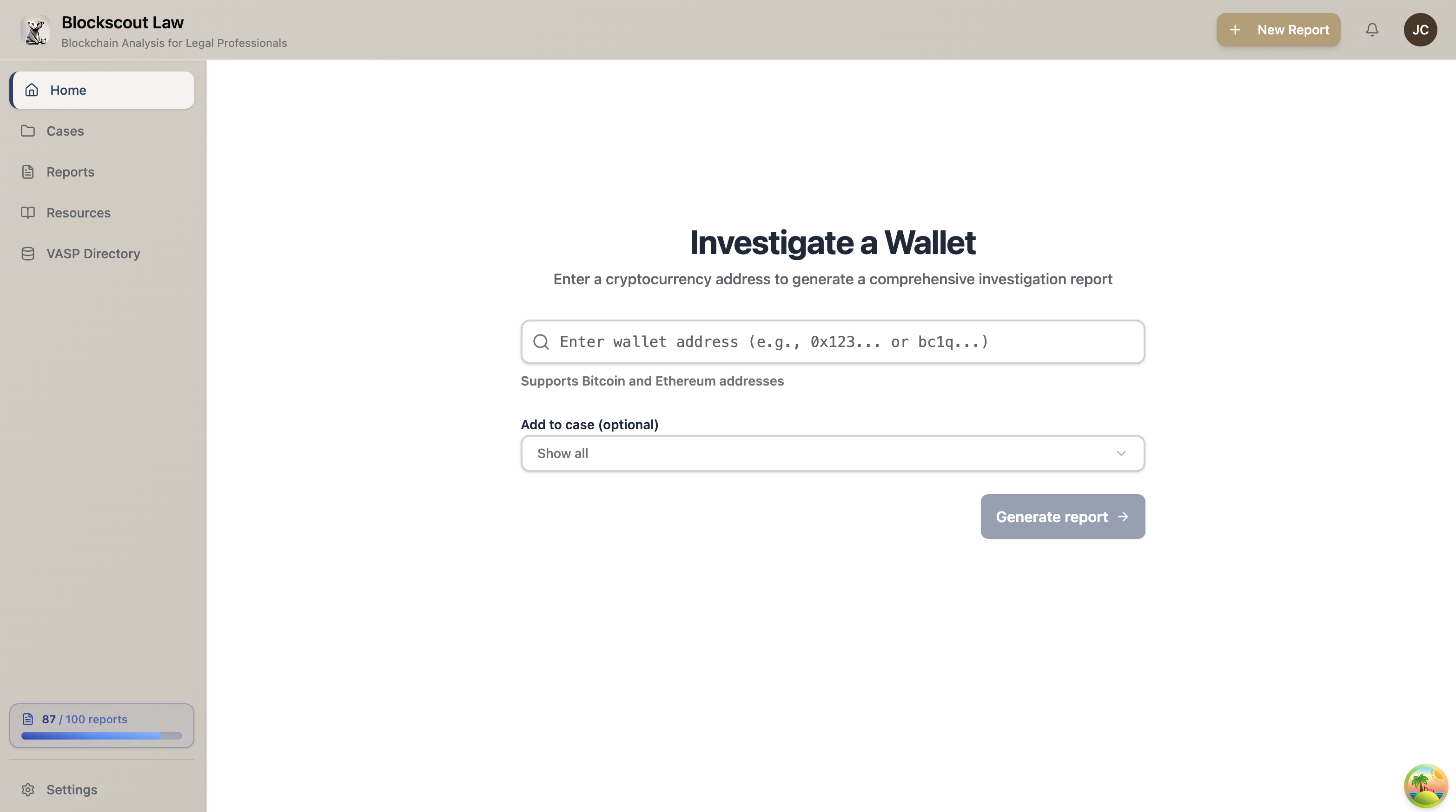 BlockScout Law Platform - Investigate a Wallet Interface